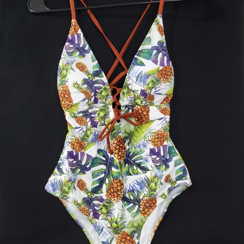 Tropical Print one piece swimsuit size S green purple brown lace up *